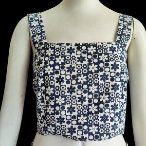 Elodie Retro Mod Navy White Geometric Daisy Print Smocked Crop Play Sun Top Sz M